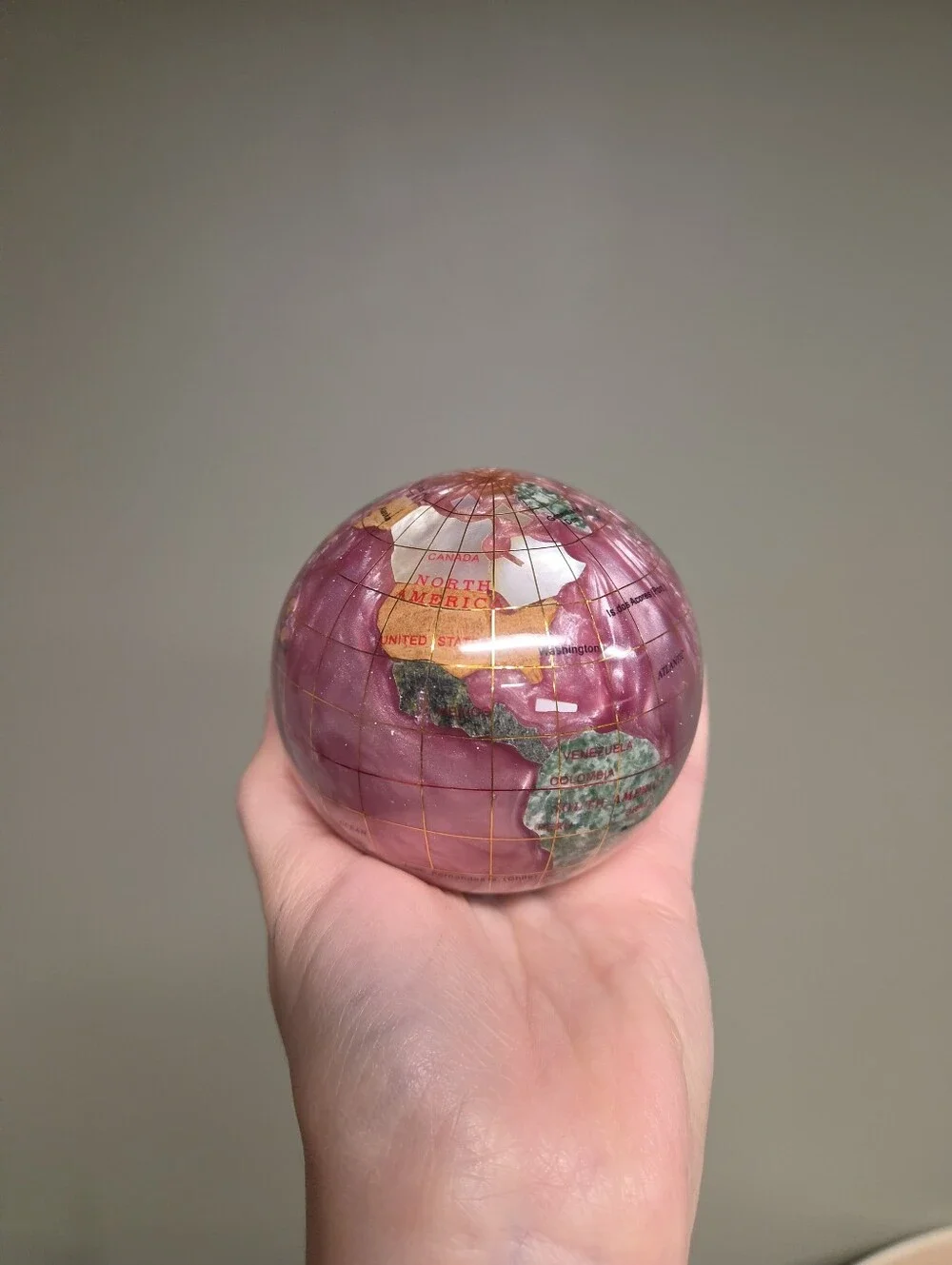 Handmade Gemstone World Globe Paperweight Pink Rose Quartz Ocean Decor